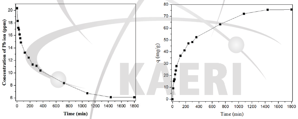 시간에 따른 PP-g-AAc 소재에 납이온(Pb2+)의 multi path 흡착 경향 분석: 이온 농도(좌) 와 평형흡착량(우)