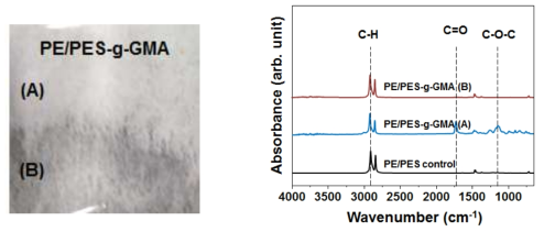 그림 1-2-6. 수계 방사선 접목중합 된 PE/PES 부직포(PE/PES-g-GMA) 사진 및 이의 부위별 FT-IR 분석 결과