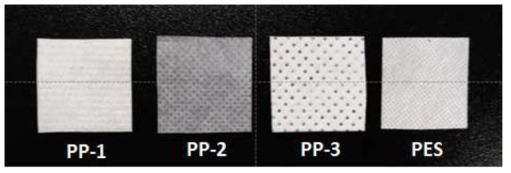 부직포 선정 실험을 위한 부직포 종류별 사진