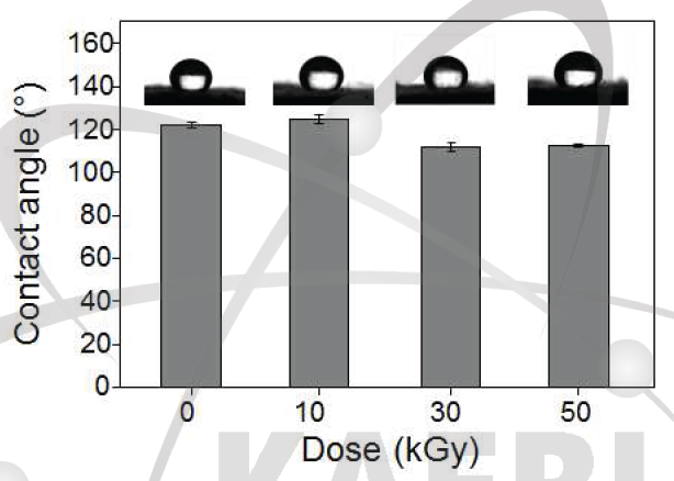 수계 방사선 접목중합 된 PP 부직포의 전자선 조사량에 따른 물접촉각 측정 결과