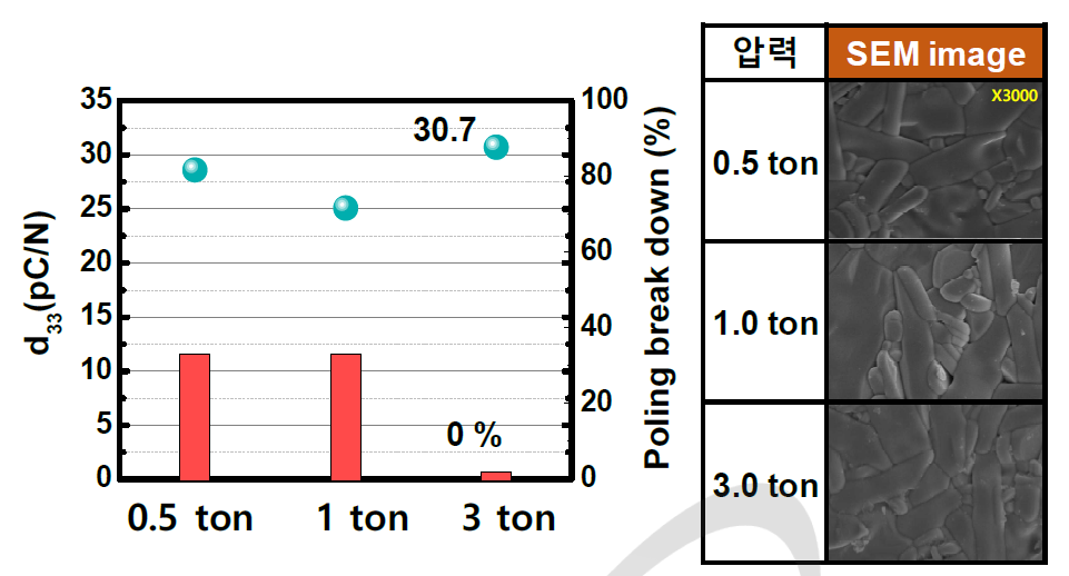 성형 압력에 따른 압전상수 및 poling break down, SEM image
