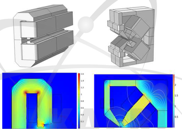전자석 설계 예시(좌: 이극자석, 우: 사극자석기반 Reverse Bend)