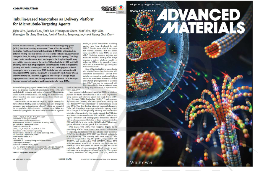 “Tubulin-Based Nanotubes as Delivery Platform for Microtubule-Targeting Agents”Advanced Materials (2020): 표지논문 선정