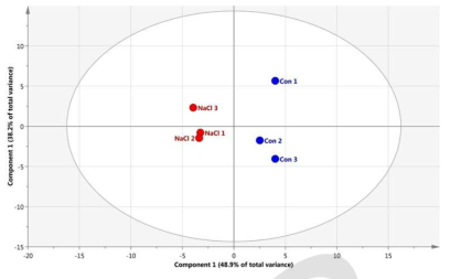 Kenaf의 carotenoid와 친수성 대사 물질 데이터로부터 얻은 PCA 결과의 주성분 1과 2의 Score plots