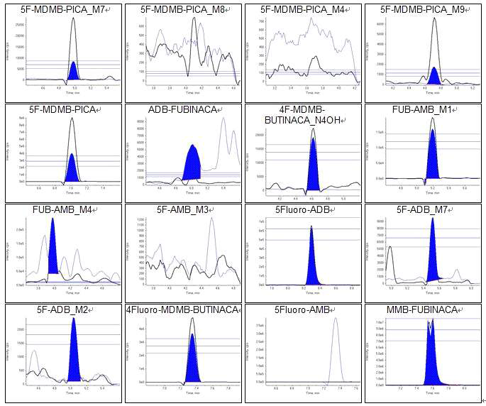 실제 남용자의 모발에서 검출된 신종 합성대마류(5F-ADB, 5F-MDMB-PICA 및 AMB-FUBINACA) 및 대사체의 MRM 크로마토그램