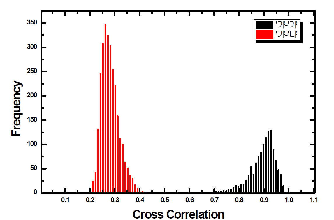 2차원 이미지의 상호상관계수 최댓값의 분포현황