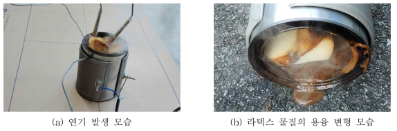 밴드히터로 가열할 때 라텍스 물질의 연기 발생 및 용융 변형 모습