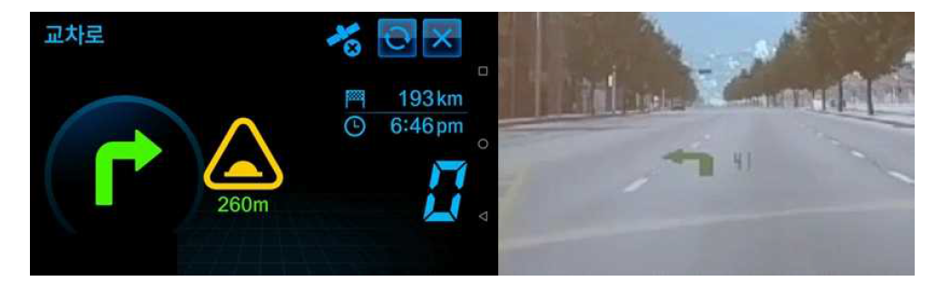 T Map HUD 모드(좌), 시뮬레이터 내 HUD(우)
