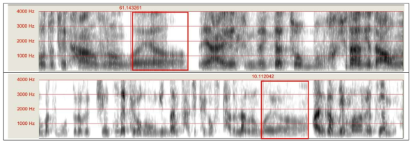 동일한 음성에 대한 스펙트로그램 분포 비교의 예