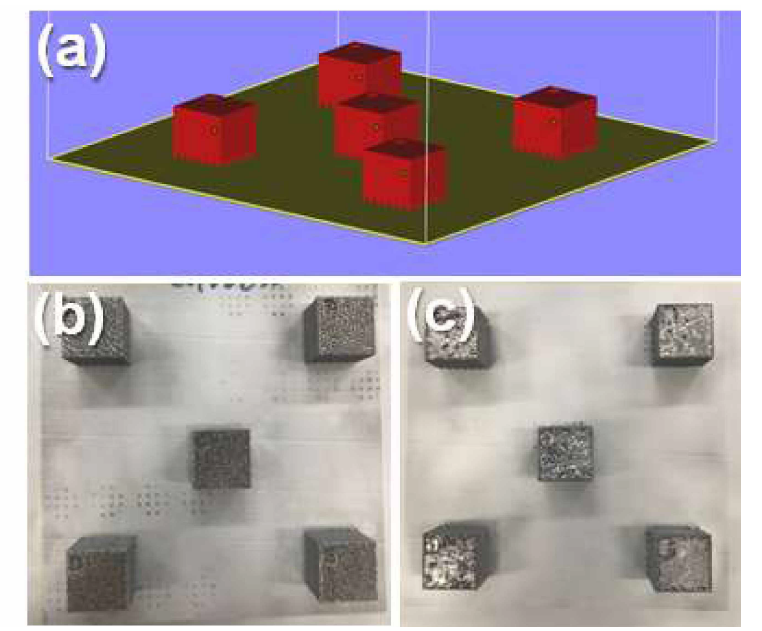 3D 프린팅 작업을 위한 (a)Magics S/W을 활용한 시편 제작 위치 및 형상과 (b)Ren680과 (c)Modified Ren680의 시편 제작 결과