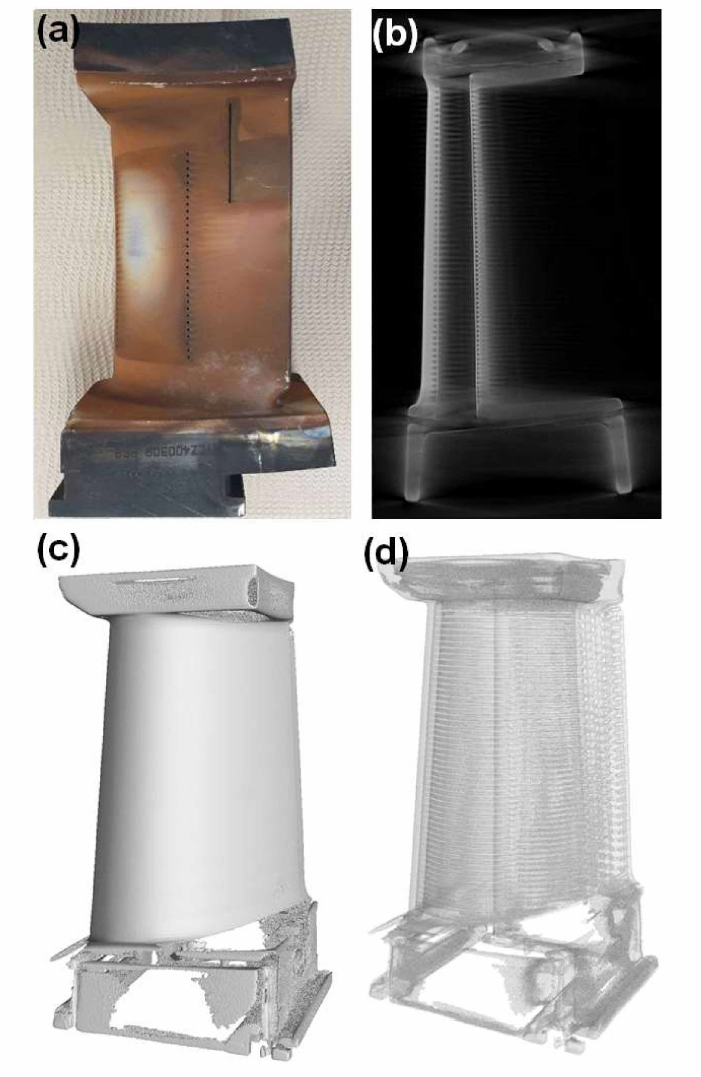 3D 프린팅으로 제조한 발전부품 성능평가를 위한 부품 설계방법; (a) 한국전력연구원에서 보유하고 베인부품, (b) CT측정을 통한 2차원 이미지, (c) 3차원 CT 측정을 외부 형상, (d) 내부 냉각 유로 형상 이미지