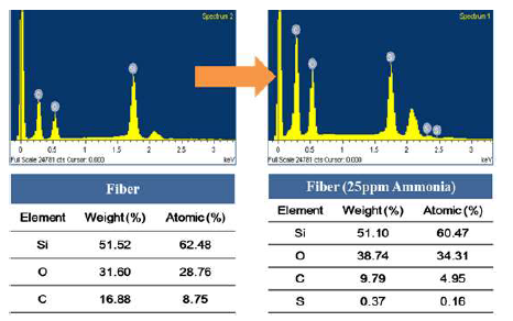 암모니아 감지 Fiber의 암모니아 노출 전후의 EDS