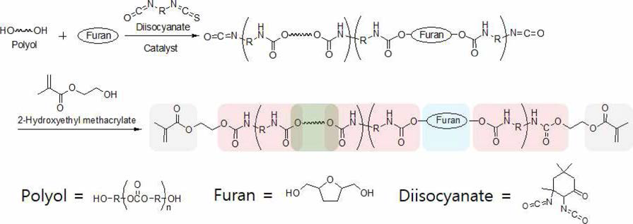 합성된 퓨란 및 아크릴 유도체 기반 점착 소재 합성도