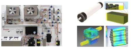 EO-멤브레인 제습펌프 랩스케일 장치(좌), EO-모듈 유체 역학적 설계안 (우)