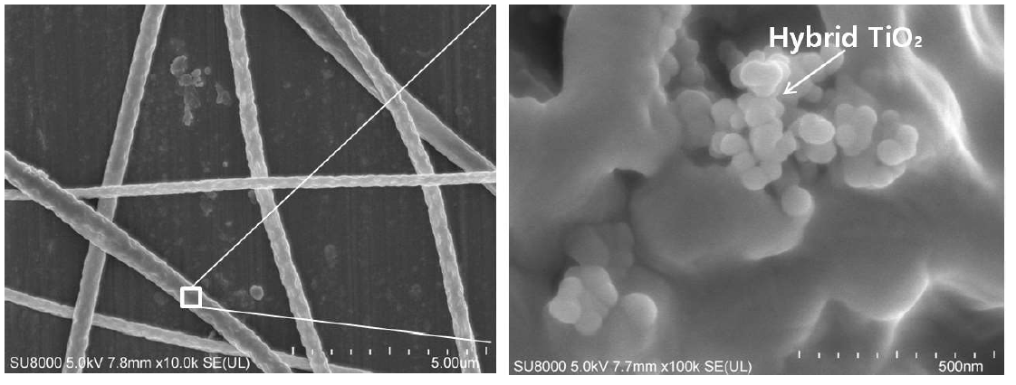 SEM 이미지, 하이브리드 광촉매를 표면에 부착한 뒤 섬유 표면