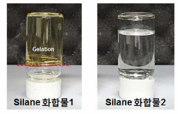 silane 화합물 종류에 따른 코팅용액의 gelation 비교사진