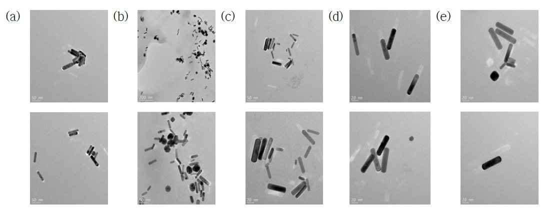 전자선 조사량에 따른 Hyaluronic Acid-coated AuNR 나노입자의 TEM Morphology. (a) AuNR-CTAB, (b) AuNR-CTAB-non-irradiation HA, (c) AuNR-CTAB-5 kGy HA, (d) AuNR-CTAB-15 kGy HA, (e) AuNR-CTAB-30 kGy HA