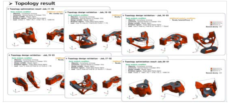 강성 및 중량비 등 설계 제약 조건에 따른 위상최적화 결과 DB구축