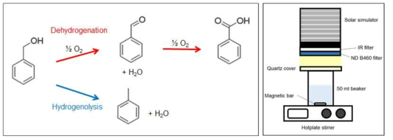(오른쪽) 벤질 알콜 산화반응 경로, (왼쪽) 광반응 실험을 위한 반응기 모식도
