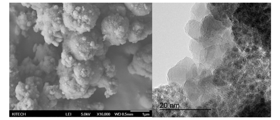 4 wt.% Ru/MnCo2O4 microsphere의 FE-SEM 이미지(좌)와 HR-TEM 이미지(우)