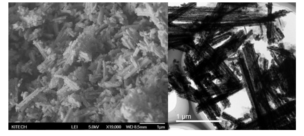 4 wt.% Ru/MnCo2O4 nanorod의 FE-SEM 이미지(좌)와 HR-TEM 이미지(우)