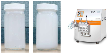 화학 전처리 (2%K, 좌), 생물 전처리 CNF (4%K, 중), 고압 호모게나이저 (우)
