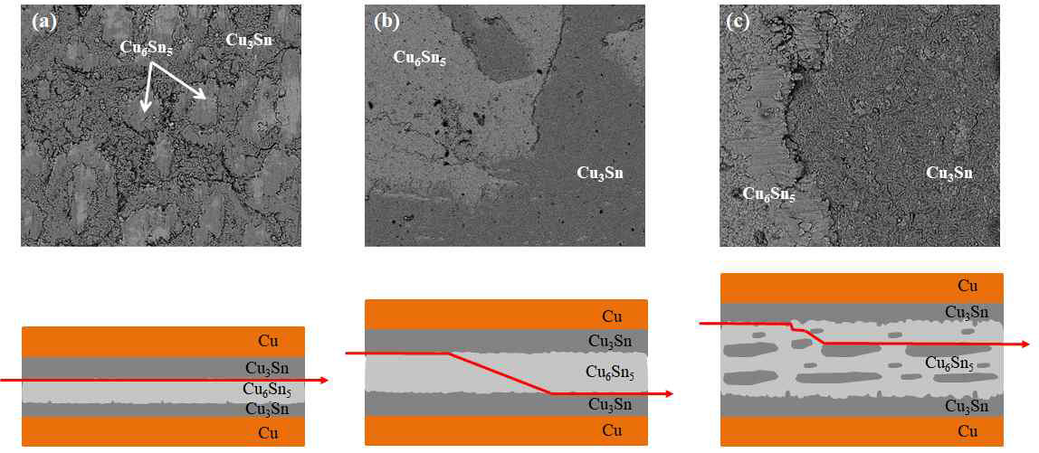 이종 IMC 형성 접합부에서 메탈 구조에 따른 접합부 파괴 경로