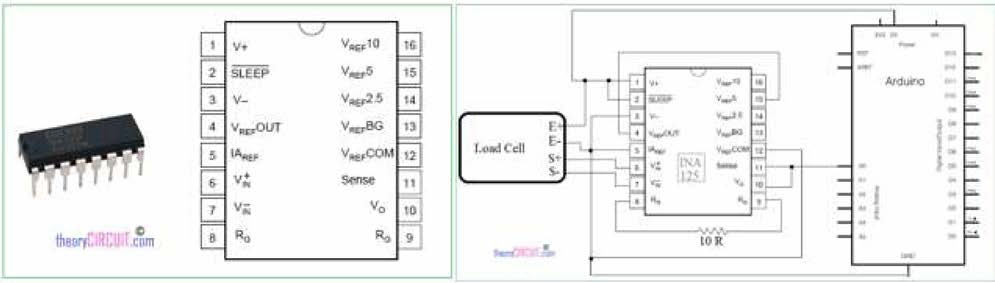 Pinout diagram of INA125 & Load Cell Interfacing Schematic