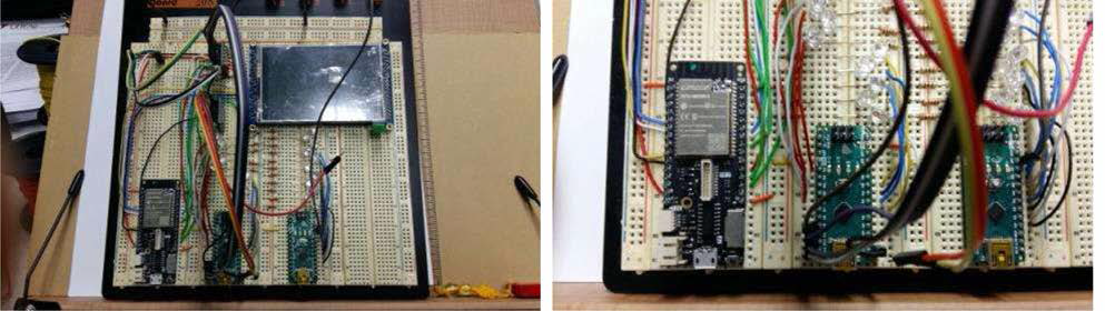 Breadboard에서 Lolin D32 Pro로 구현한 제어 Module 및 확대부 (Solenoid Valve는 LED 구동으로 모사화)