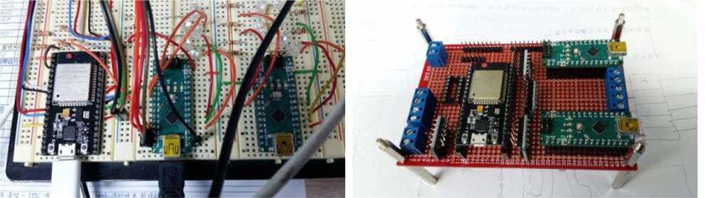 Breadboard에서 nodeMCU 32S로 구현한 제어 Module 및 만능 PCB 위에서의 배치