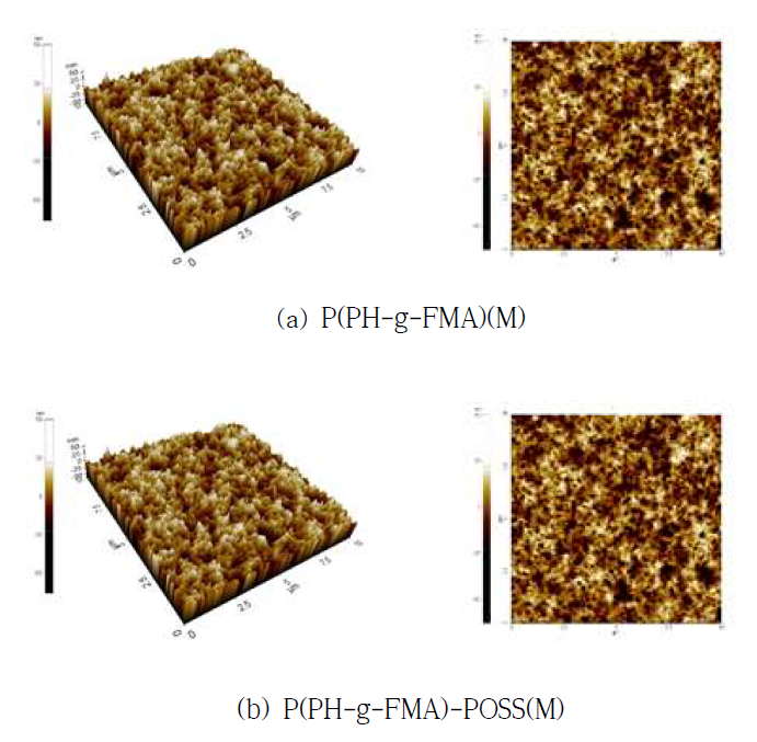 P(PH-g-FMA)(M) 및 P(PH-g-FMA)-POSS(M)의 발수 코팅막의 AFM 분석 결과