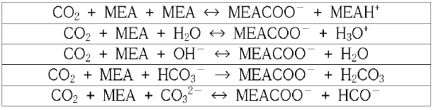 MEA solution에서의CO2 포집시 Main Reaction