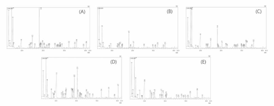 GC-MS spectrum analysis of Ecklonia cava (A), Saccharina japonica (B), Eisenia bicyclis (C), Sargassum fulvellum (D), Sargassum fusiforme (E)
