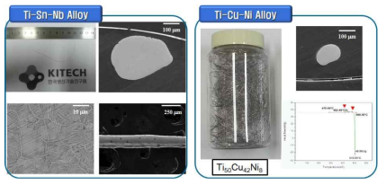 Ti-Sn-Nb, Ti-Cu-Ni 기지 합금 미세 와이어 모습 및 단면 관찰, 열분석 결과