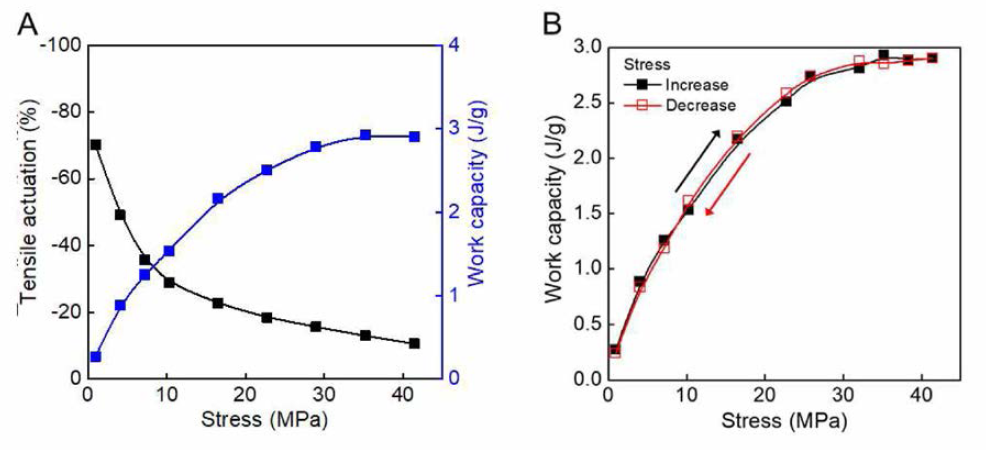 PDDA를 표면에 코팅하여 만든 습도 감응 인공근육의 성능. (A) stress에 대한 tensile actuation 과 work capacity. (B) 가역적 work capacity를 가짐