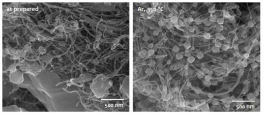 수열합성 후 시료 (좌)와 아르곤 분위기에서 350도 열처리 후 시료 (우)
