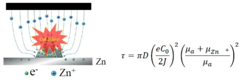 Schemes illustrating Zn deposition behavior for bare Zn metal and 2D TMDs coating for preventing dendrite growth while facilitating rapid diffusion/transport of Zn ions