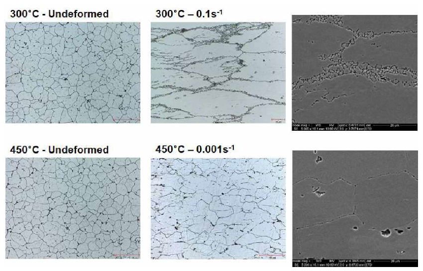 300” -0.1/s 및 450” -0.001/s 조건에서의 열간 압축 실험 전/후 미세조직 사진