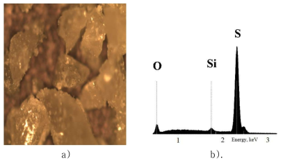 (a) Room temperature photograph of the sulfur crystals, collected from the sublimation trap. The width of the image corresponds to 1 mm; (b) EDS spectrum (SEM) of the sublimate between 0.5 and 3keV, showing the strong sulfur peak between 2.2 and 2.4 keV