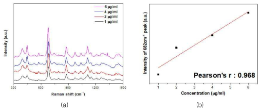 Sulfolane 농도에 따른 (a)라만 스펙트럼 및 (b) 농도와 신호강도의 관계