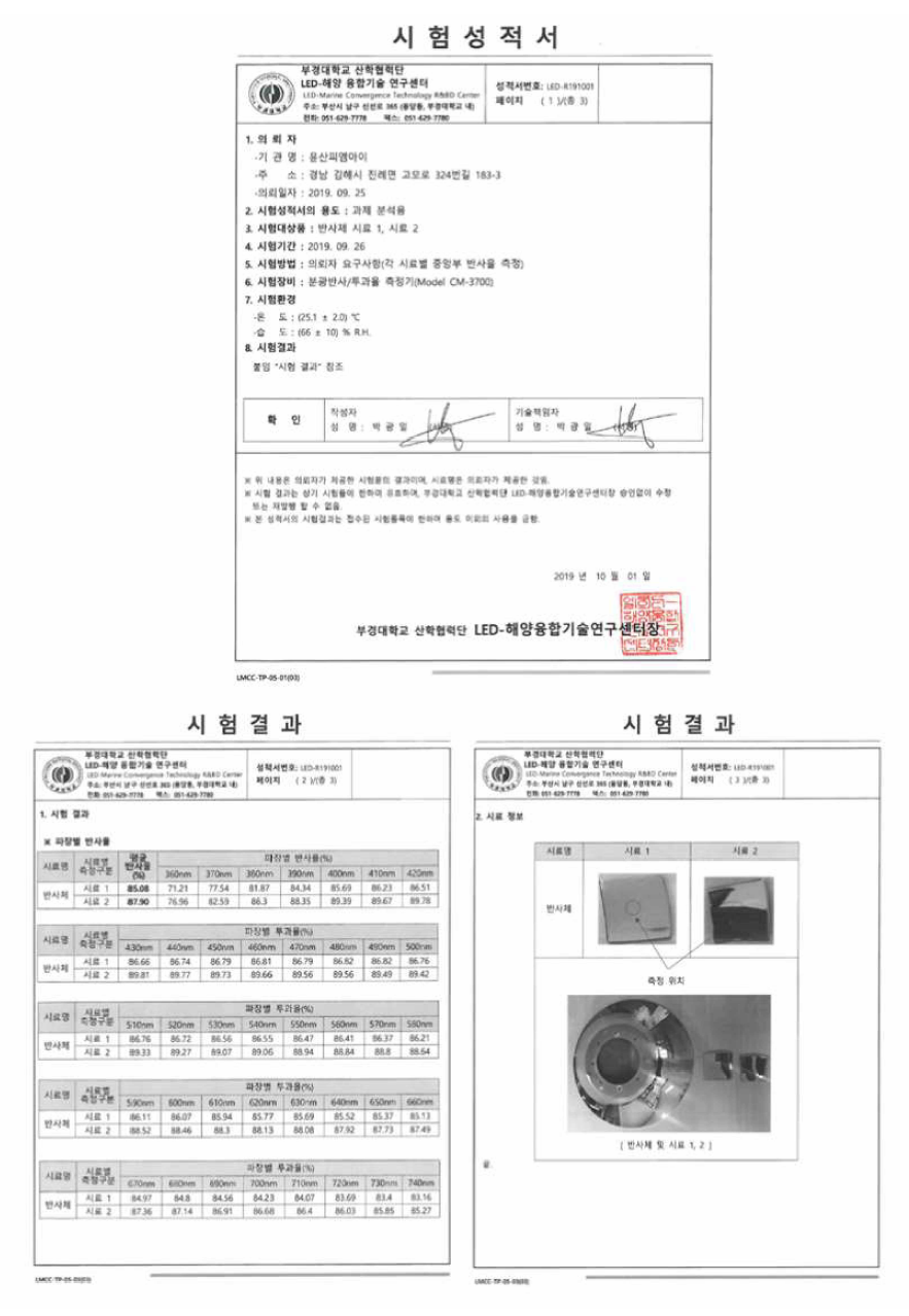 공인인증기관에서 시험된 ‘분광반사/투과율 측정’ 시험성적서