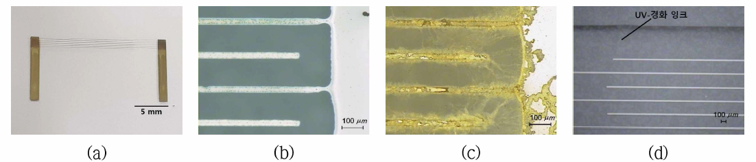 내전압 시험 분석 시편 사진; (a) 인쇄 시편 사진，(b) 인쇄 패턴 현미경 사진，(c) 내전압 5 kV breakdown 시편 현미경 사진，(d) UV-경화 잉크 인쇄 현미경 사진