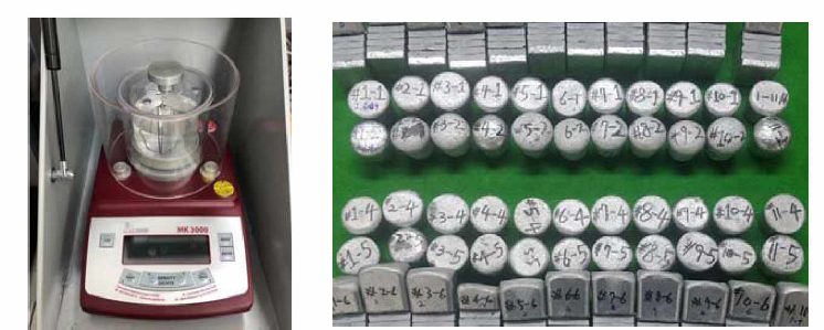 저압주조 양산라인에서 용탕 밀도측정에 활용되는 장비(좌) 및 분석시편(우)