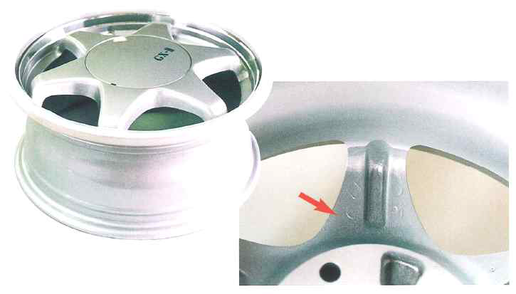 Casting Aluminum Alloy Wheel and Mark of Gas Vent(Red Arrow) (Gas vent pore diameter = 0.5mm)