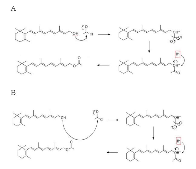 레티놀 유도체 전환 반응 공정(A; 레티닐 아세테이트, B; 레티닐 팔미테이트)