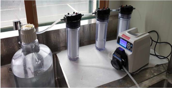 Seawater filterate pretreatment system with peristaltic pump and housing filter