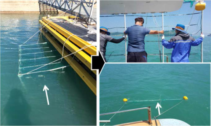 The developed device of the seine type electric stimulation for mitigation of harmful algal bloom (left: previous type, right: developed type)