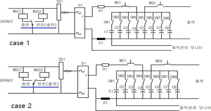 The electrical network diagram in control box for charge case 1 (charge, upper), case 2 (discharge, lower)