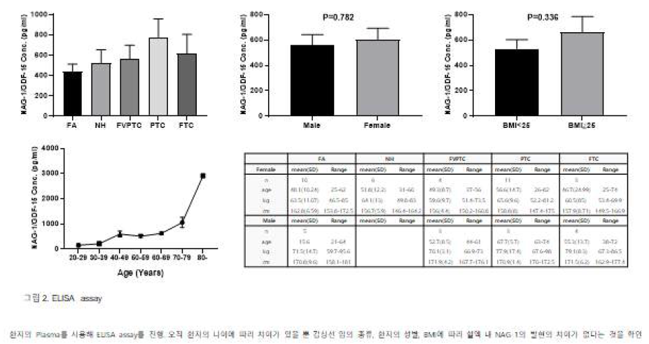 Follicular adenoma(FA), nodular hyperplasia(NH), follicular variant papillary thyroid cancer(FVPTC), papillary thyroid carcinoma(PTC), follicular thyroid carcinoma(FTC)를 가진 환자의 혈액에서 추출한 plasma를 사용하여 ELISA assay를 진행하였다. 그래프는 순서대로 환자의 갑상선 암 종류, 성별, BMI, 나이에 따른 NAG-1의 농도를 나타내었으며 표는 환자의 수와 나이, 몸무게, 키와 같은 정보를 나타내었다