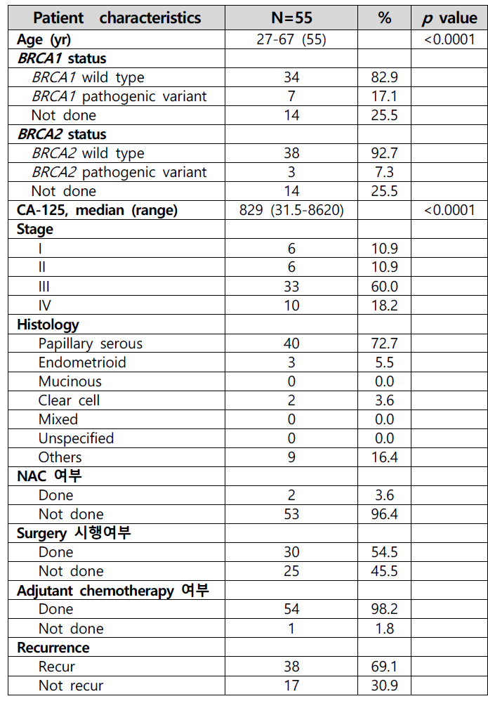 난소암 분석 코호트 환자의 임상적 특징